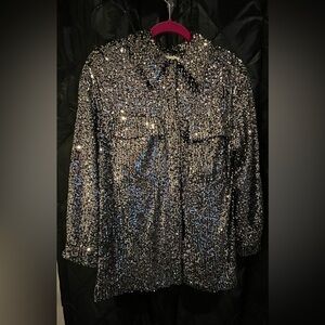 Sequin Shacket - NWT - Silver - Top Shop Shirt/Jacket - Button up w Pockets